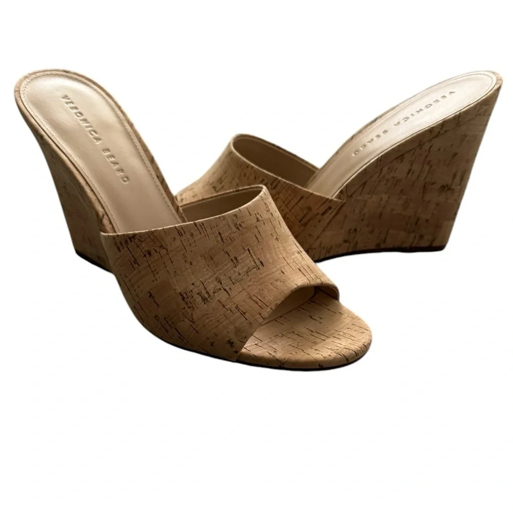 NEW Veronica Beard Dali Cork Wedge Sandal Mules 10.5 Neutral Minimalist